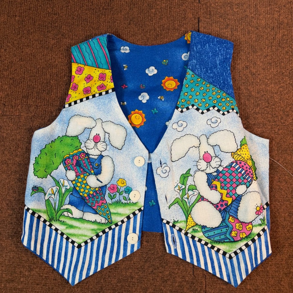 Vintage Easter Bunny Novelty Vest Kids Blue Carrot Graphic Print Holiday 2812
